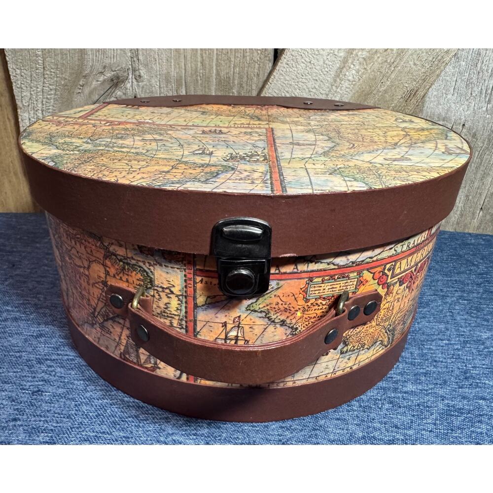 Vintage Old World Map Cardboard Nesting Hatbox Storage Metal Push Lock Accents - Picture 7 of 13